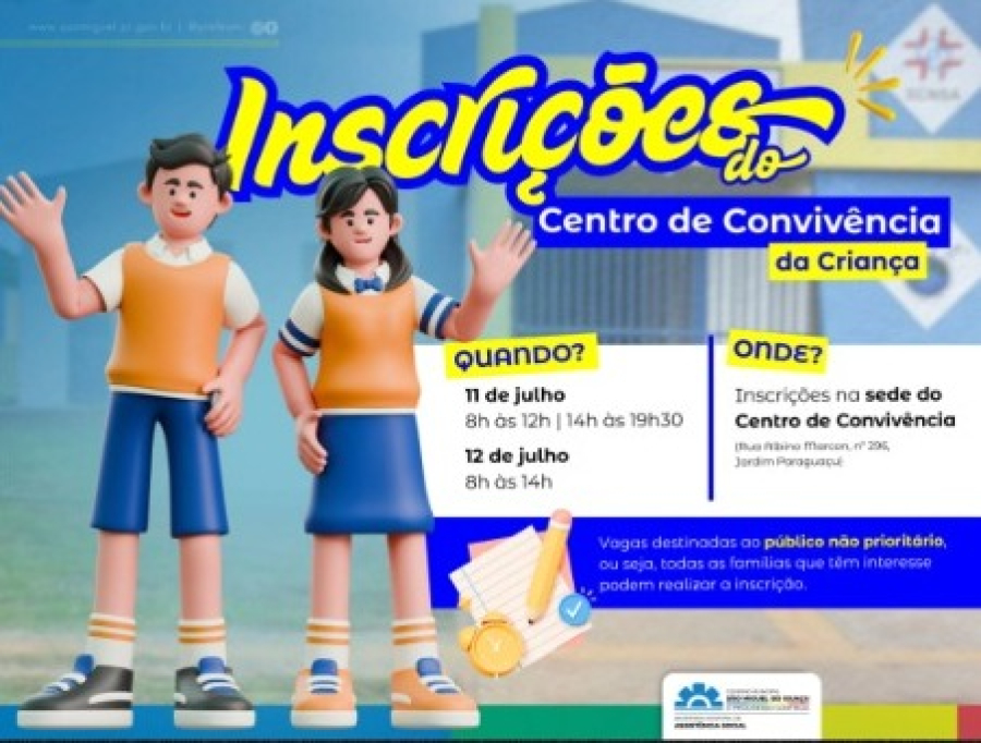 Inscrições do Centro de Convivência da Criança para o público não prioritário serão realizadas dias 11 e 12 de julho